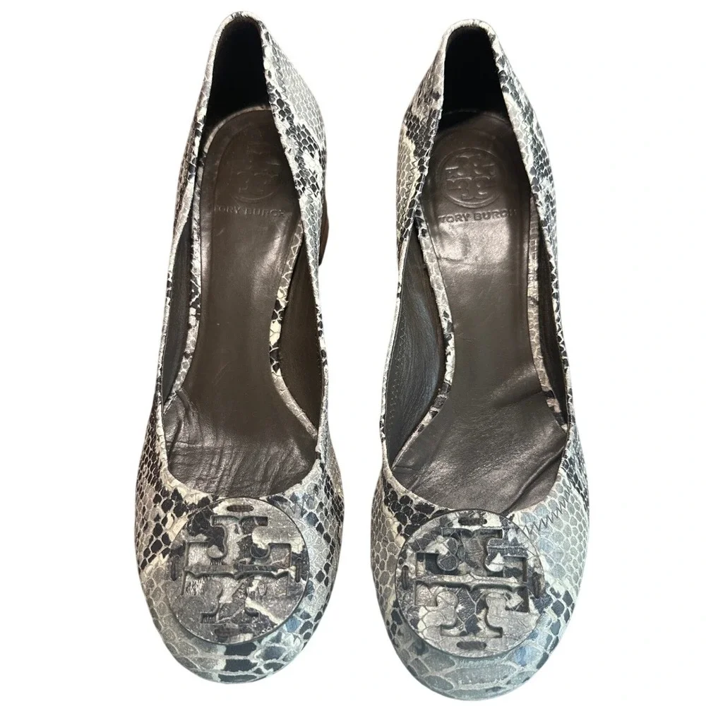 Tory Burch Claire Snake Embossed Python Block Heel Pumps Gray Black 8.5